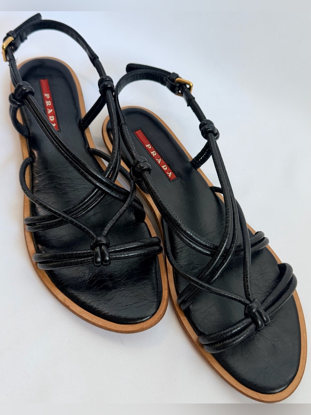 Vintage Prada Sport Linea Rossa Y2K Black Leather Strappy Sandals 37.5